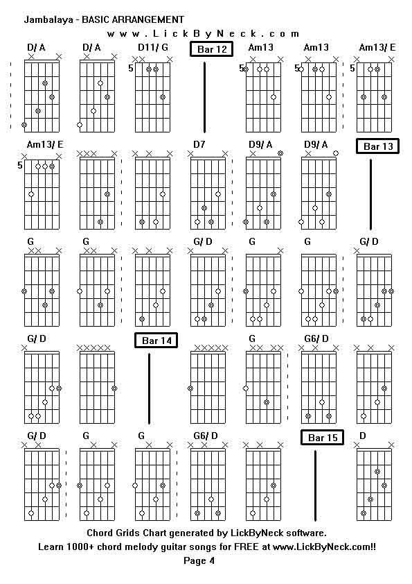 Chord Grids Chart of chord melody fingerstyle guitar song-Jambalaya - BASIC ARRANGEMENT,generated by LickByNeck software.